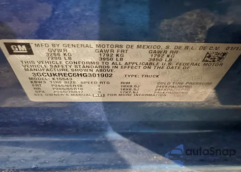 2017 Chevrolet Silverado K1500 Lt из США, поврежденный, VIN 3GCUKREC6HG301902